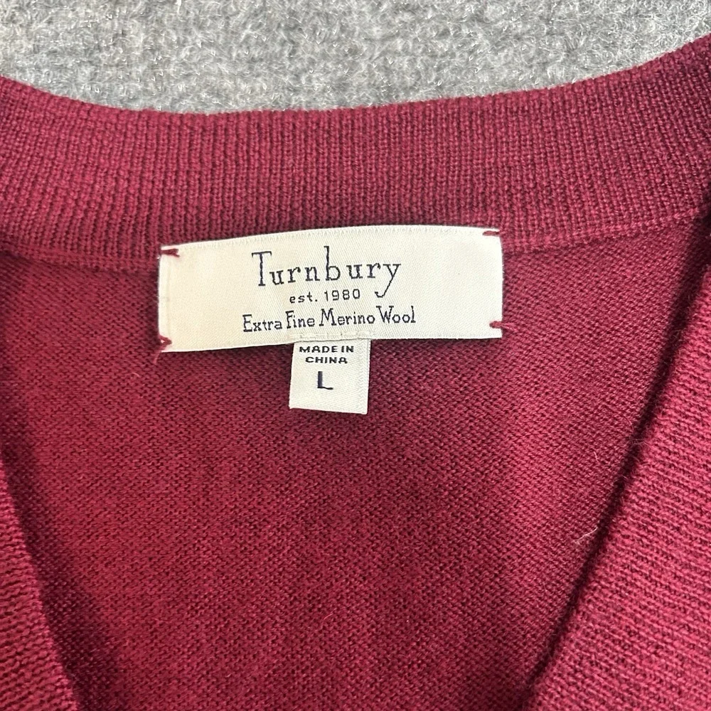 Turnbury Extra Fine Merino Wool burgundy Sleeveless V-Neck Sweater Vest Men‎ Lg